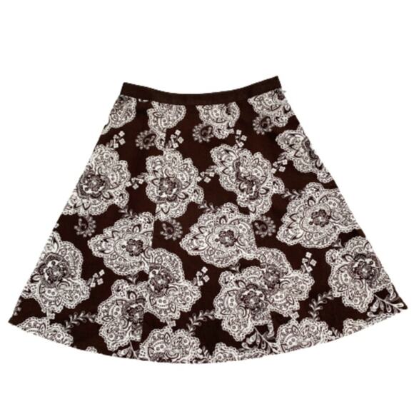 Talbots Skirt Brown White Paisley Floral Cotton A-Line Flare Circle Skirt Size 8 - Picture 1 of 11